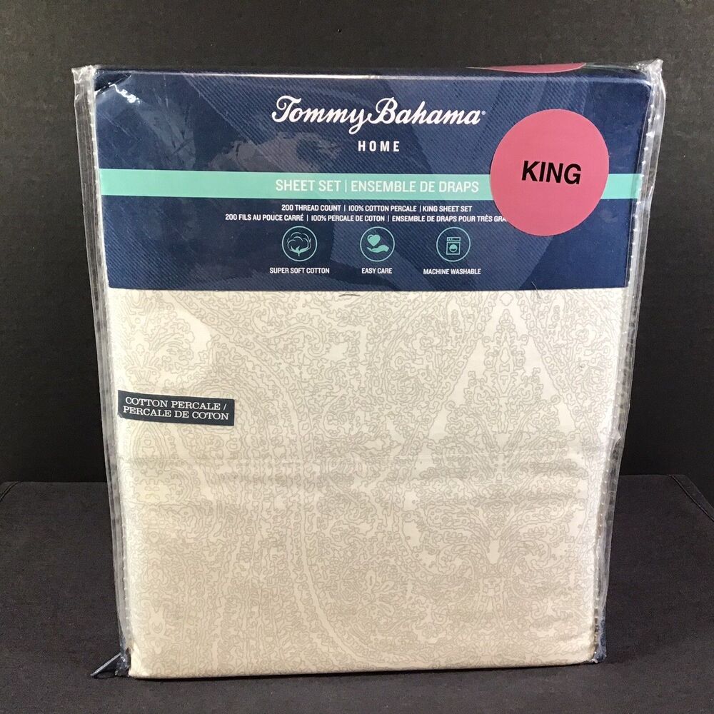 Tommy Bahama 100% Cotton Percale Breakwater Basin Grey King Sheet Set NEW